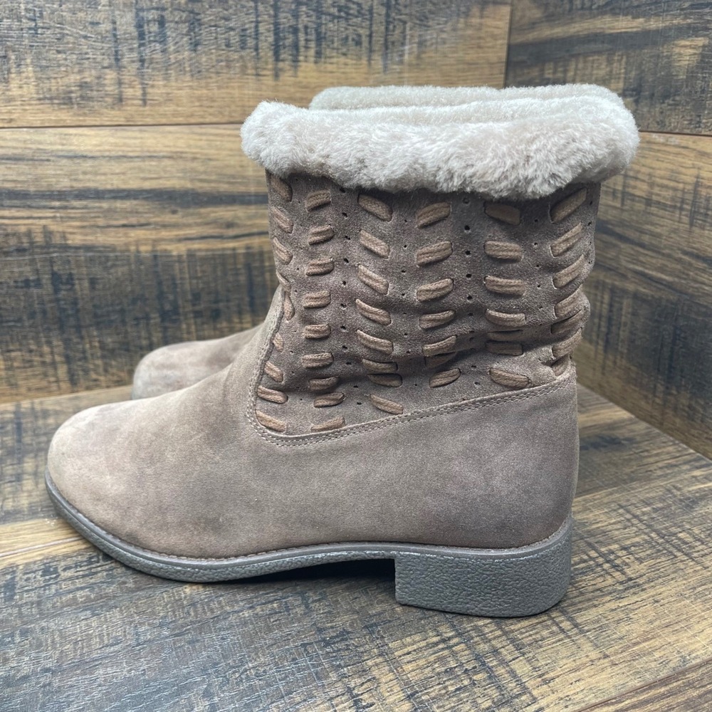 Bristol Boots 9 Winter Cabin Boho Leather Sheepskin Lined Faux Fur Trim Brown